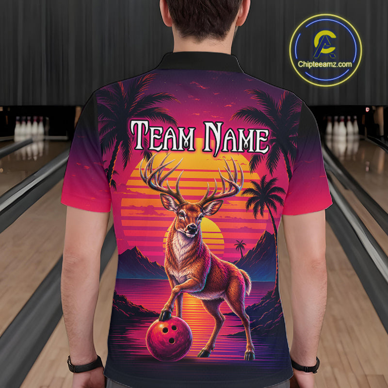 Custom Deer Neon Sunset Bowling Team Shirts for Men Bowling Outfit Polo & 1/4 Zip HNT572