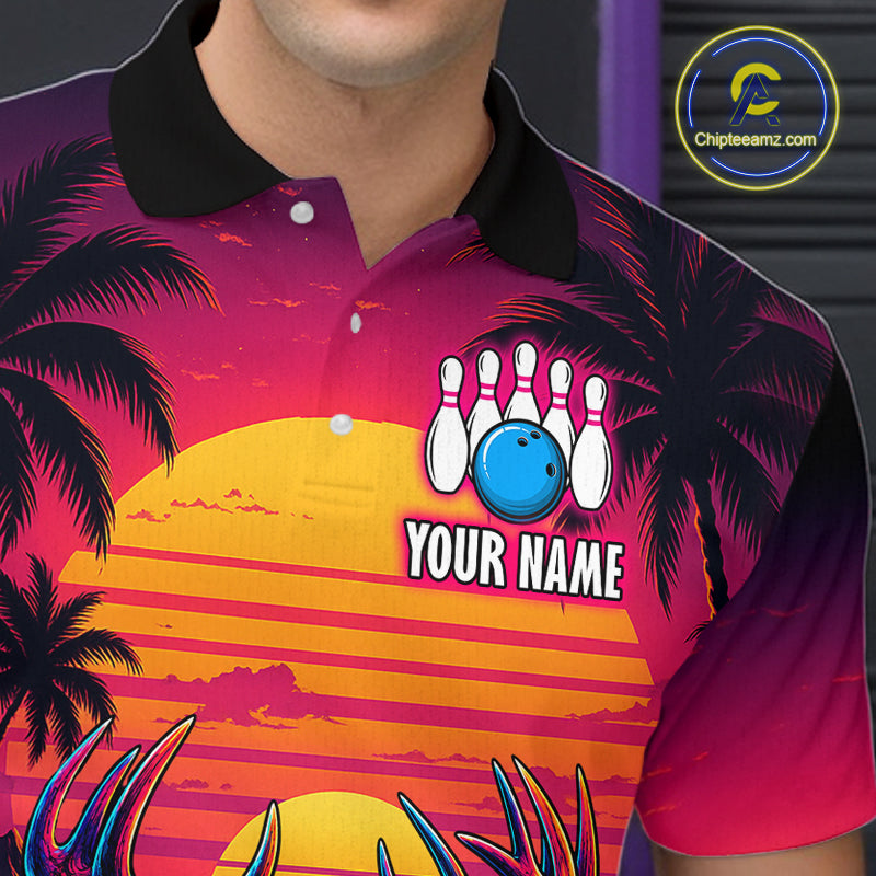 Custom Deer Neon Sunset Bowling Team Shirts for Men Bowling Outfit Polo & 1/4 Zip HNT572