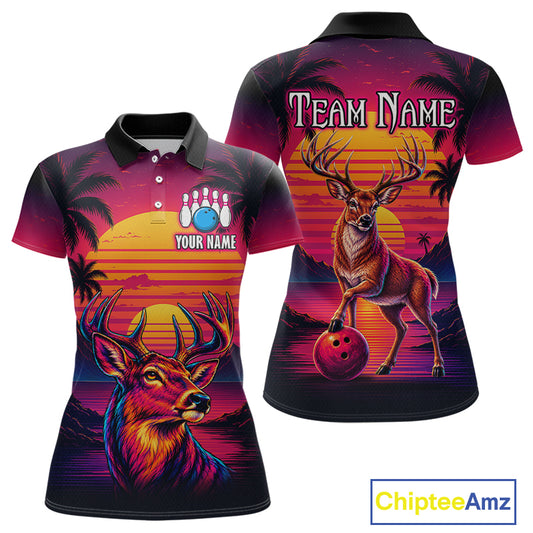 Custom Deer Neon Sunset Bowling Team Shirts for Women Bowling Outfit Polo & 1/4 Zip HNT572