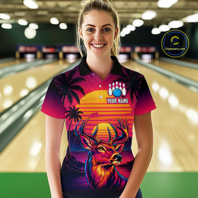 Custom Deer Neon Sunset Bowling Team Shirts for Women Bowling Outfit Polo & 1/4 Zip HNT572