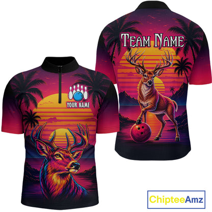 Custom Deer Neon Sunset Bowling Team Shirts for Men Bowling Outfit Polo & 1/4 Zip HNT572