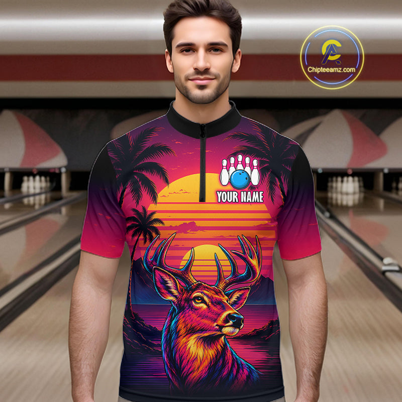 Custom Deer Neon Sunset Bowling Team Shirts for Men Bowling Outfit Polo & 1/4 Zip HNT572