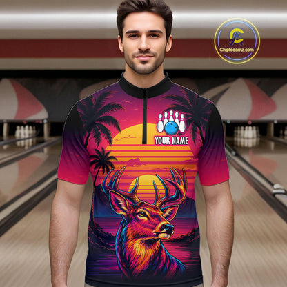 Custom Deer Neon Sunset Bowling Team Shirts for Men Bowling Outfit Polo & 1/4 Zip HNT572