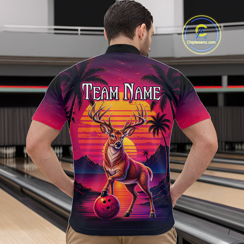 Custom Deer Neon Sunset Bowling Team Shirts for Men Bowling Outfit Polo & 1/4 Zip HNT572