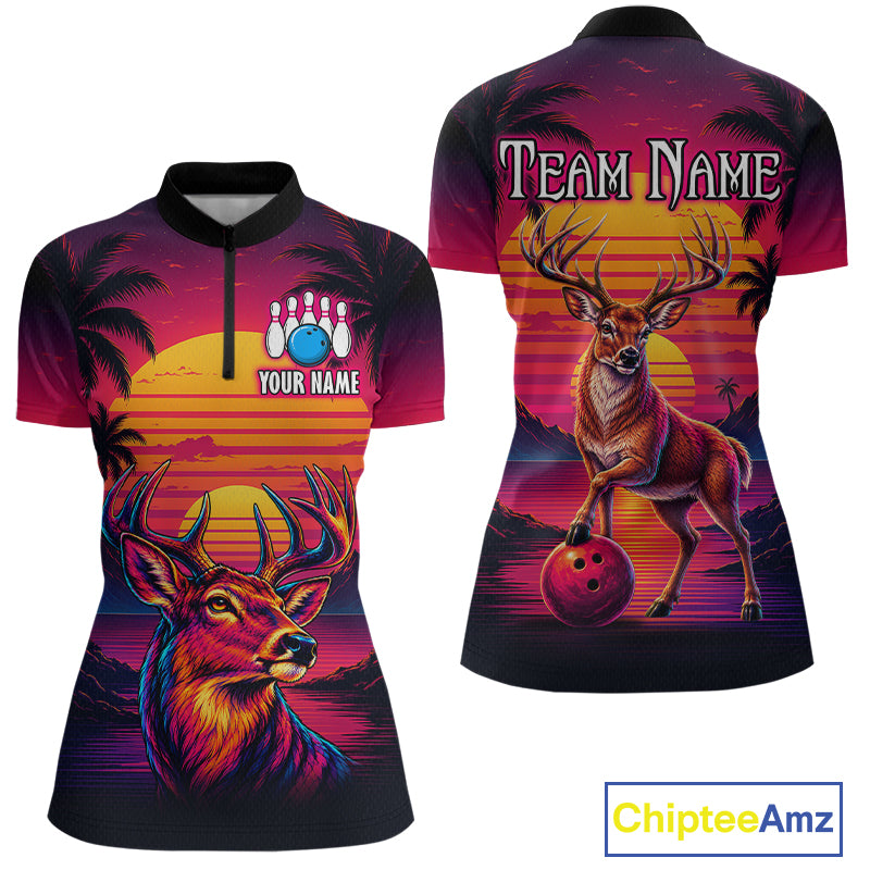 Custom Deer Neon Sunset Bowling Team Shirts for Women Bowling Outfit Polo & 1/4 Zip HNT572