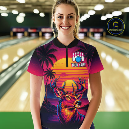 Custom Deer Neon Sunset Bowling Team Shirts for Women Bowling Outfit Polo & 1/4 Zip HNT572