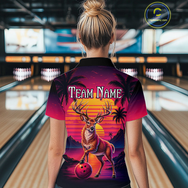 Custom Deer Neon Sunset Bowling Team Shirts for Women Bowling Outfit Polo & 1/4 Zip HNT572