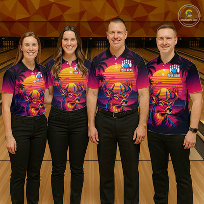 Custom Deer Neon Sunset Bowling Team Shirts for Men Bowling Outfit Polo & 1/4 Zip HNT572