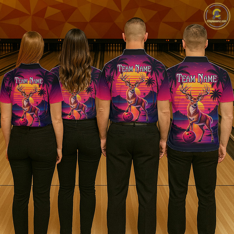 Custom Deer Neon Sunset Bowling Team Shirts for Men Bowling Outfit Polo & 1/4 Zip HNT572