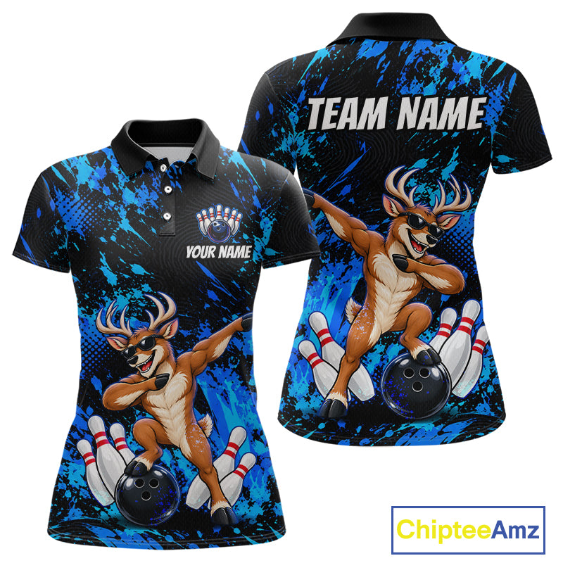 Custom Blue Funny Deer Bowling Team Jerseys Bowling Shirts for Women Polo & 1/4 Zipper HNT573