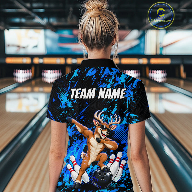 Custom Blue Funny Deer Bowling Team Jerseys Bowling Shirts for Women Polo & 1/4 Zipper HNT573
