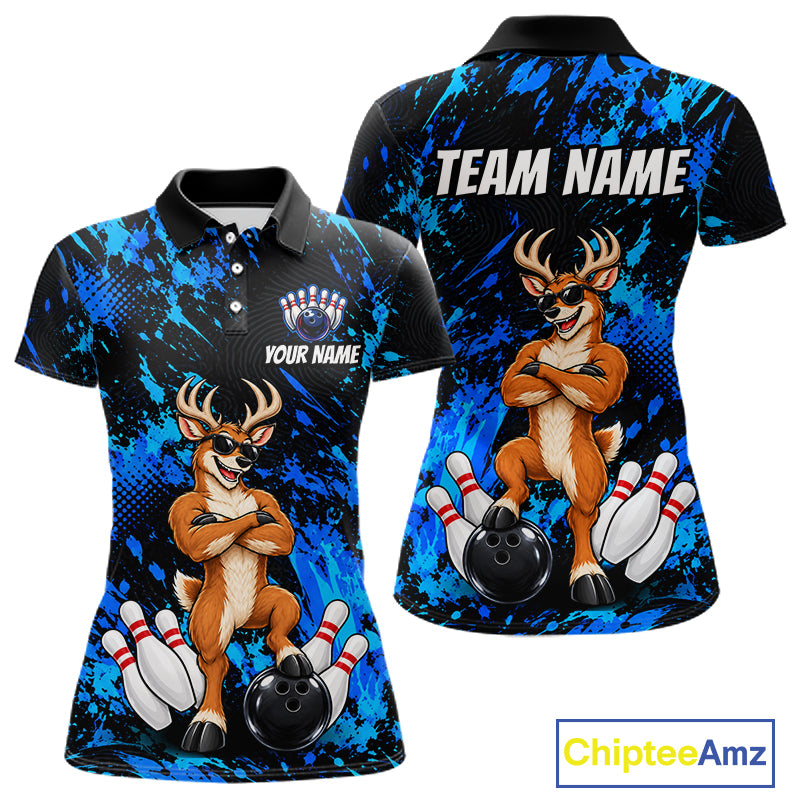 Custom Blue Funny Deer Bowling Jersey for Women Bowling Team Shirts Bowling League Clothes HNT617