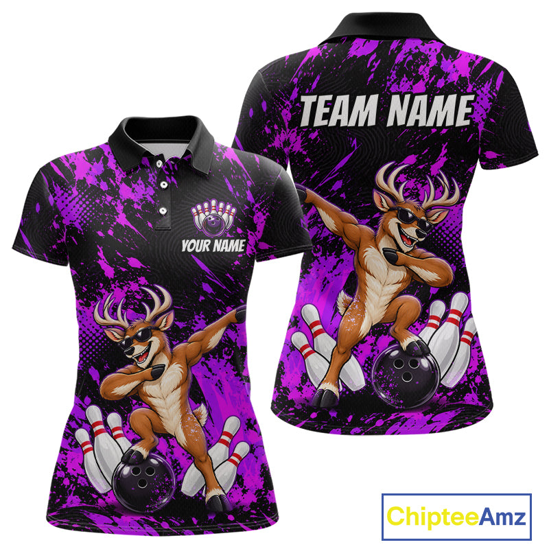 Custom Purple Funny Deer Bowling Team Jerseys Bowling Shirts for Women Polo & 1/4 Zipper HNT573
