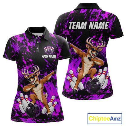 Custom Purple Funny Deer Bowling Team Jerseys Bowling Shirts for Women Polo & 1/4 Zipper HNT573