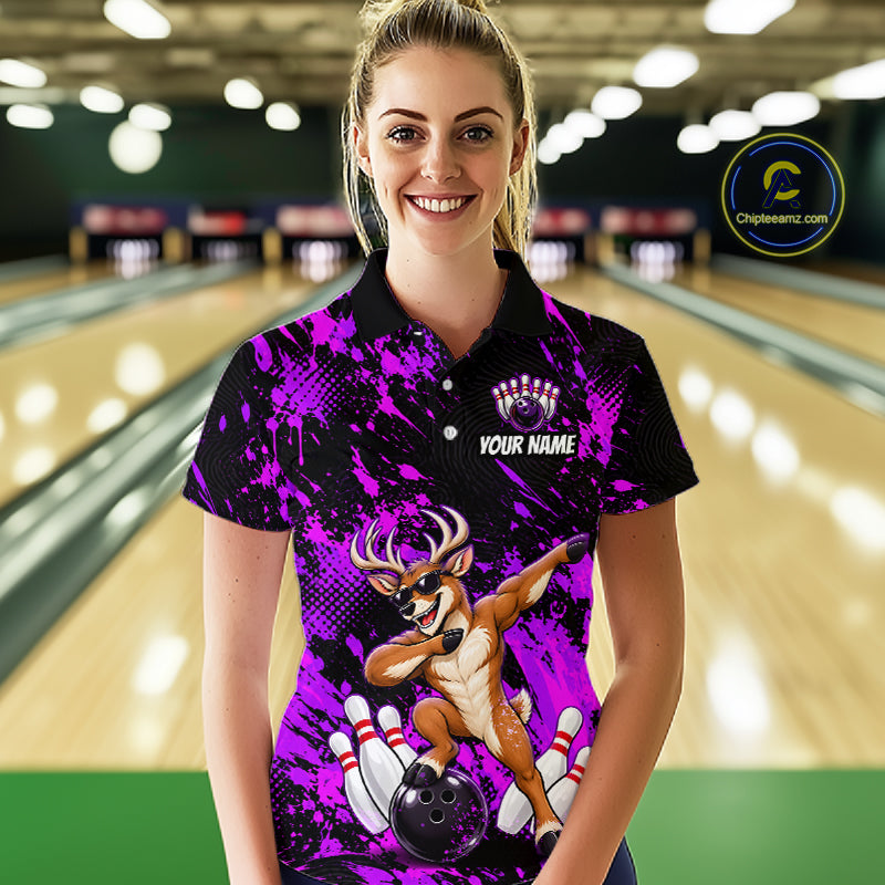 Custom Purple Funny Deer Bowling Team Jerseys Bowling Shirts for Women Polo & 1/4 Zipper HNT573