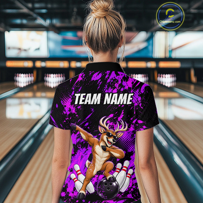 Custom Purple Funny Deer Bowling Team Jerseys Bowling Shirts for Women Polo & 1/4 Zipper HNT573