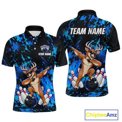 Custom Blue Funny Deer Bowling Team Jerseys Bowling Shirts for Men Polo & 1/4 Zipper HNT573
