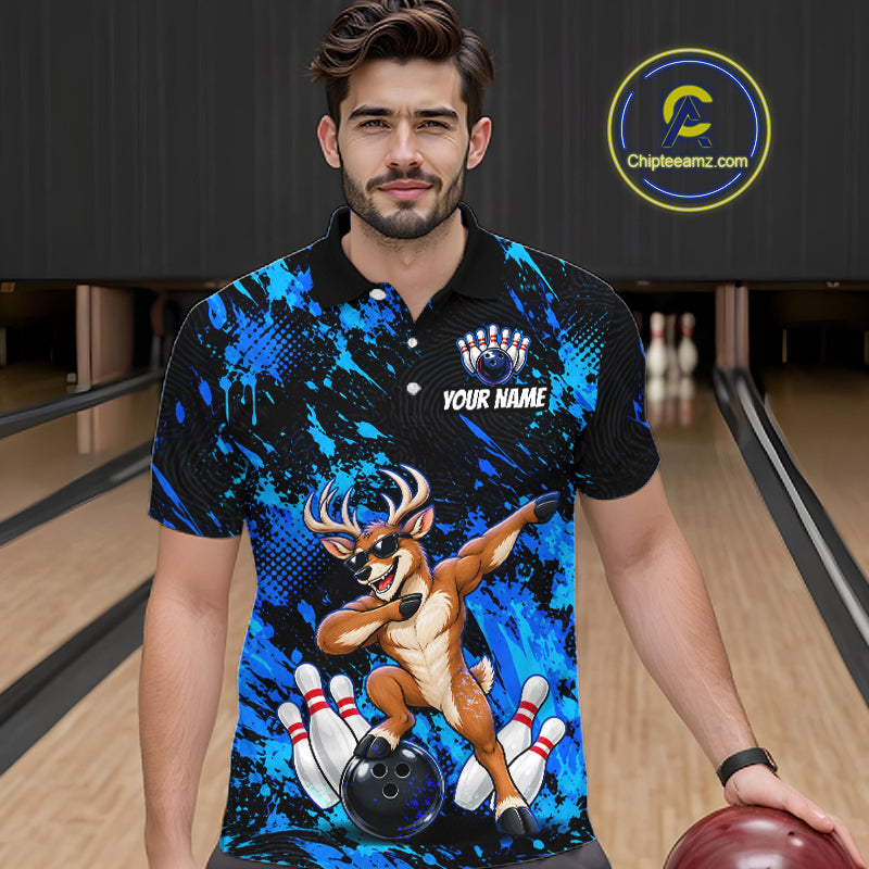 Custom Blue Funny Deer Bowling Team Jerseys Bowling Shirts for Men Polo & 1/4 Zipper HNT573