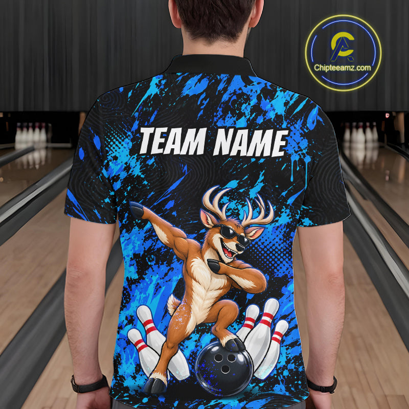 Custom Blue Funny Deer Bowling Team Jerseys Bowling Shirts for Men Polo & 1/4 Zipper HNT573