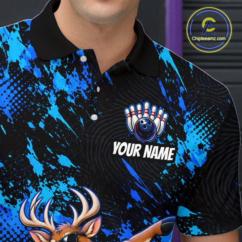 Custom Blue Funny Deer Bowling Team Jerseys Bowling Shirts for Men Polo & 1/4 Zipper HNT573