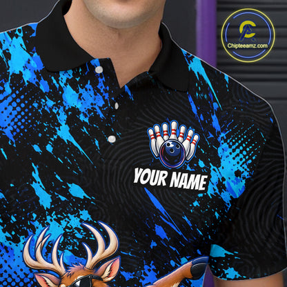 Custom Blue Funny Deer Bowling Team Jerseys Bowling Shirts for Men Polo & 1/4 Zipper HNT573