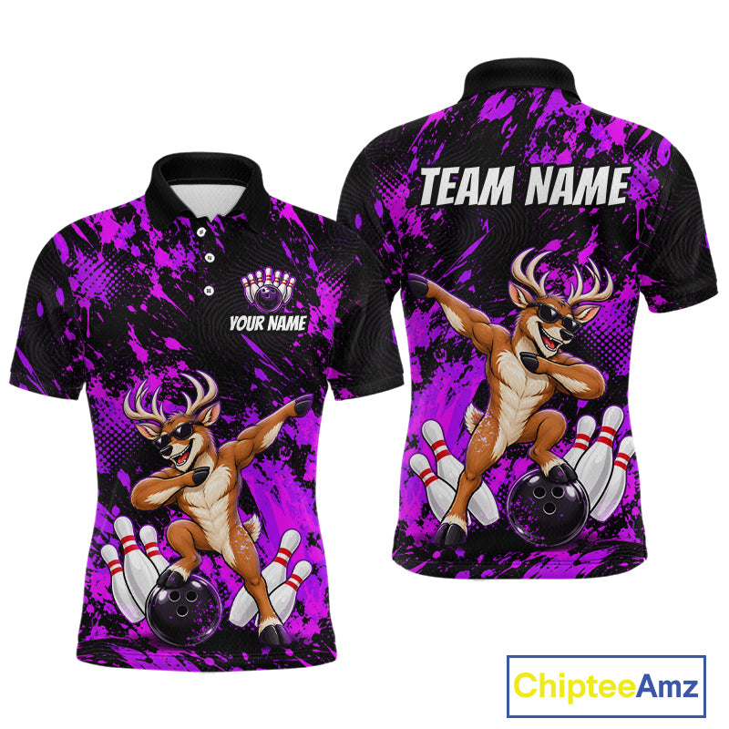 Custom Purple Funny Deer Bowling Team Jerseys Bowling Shirts for Men Polo & 1/4 Zipper HNT573