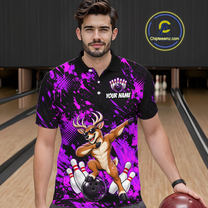 Custom Purple Funny Deer Bowling Team Jerseys Bowling Shirts for Men Polo & 1/4 Zipper HNT573