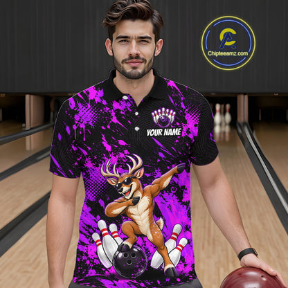 Custom Purple Funny Deer Bowling Team Jerseys Bowling Shirts for Men Polo & 1/4 Zipper HNT573
