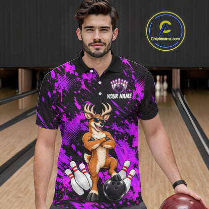 Custom Purple Funny Deer Bowling Jersey for Men Bowling Team Shirts Bowling League Clothes HNT617