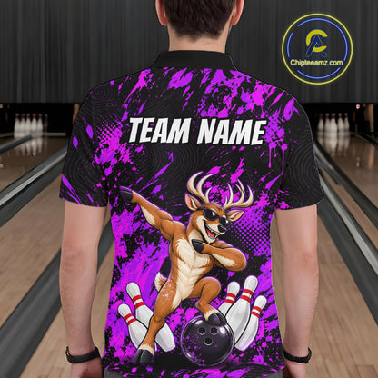Custom Purple Funny Deer Bowling Team Jerseys Bowling Shirts for Men Polo & 1/4 Zipper HNT573