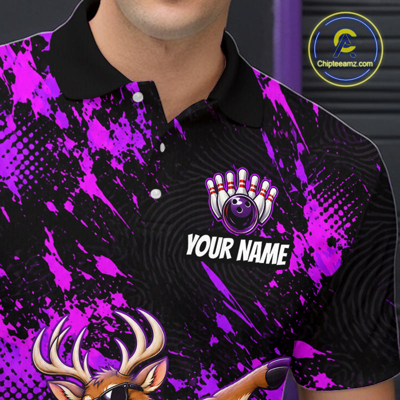 Custom Purple Funny Deer Bowling Team Jerseys Bowling Shirts for Men Polo & 1/4 Zipper HNT573