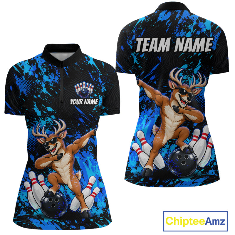 Custom Blue Funny Deer Bowling Team Jerseys Bowling Shirts for Women Polo & 1/4 Zipper HNT573