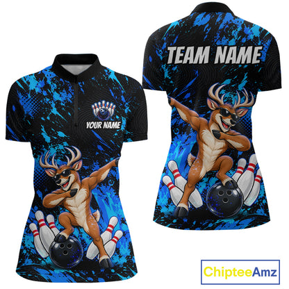 Custom Blue Funny Deer Bowling Team Jerseys Bowling Shirts for Women Polo & 1/4 Zipper HNT573