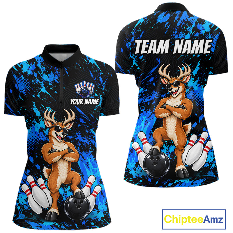 Custom Blue Funny Deer Bowling Jersey for Women Bowling Team Shirts Bowling League Clothes HNT617