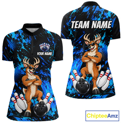 Custom Blue Funny Deer Bowling Jersey for Women Bowling Team Shirts Bowling League Clothes HNT617