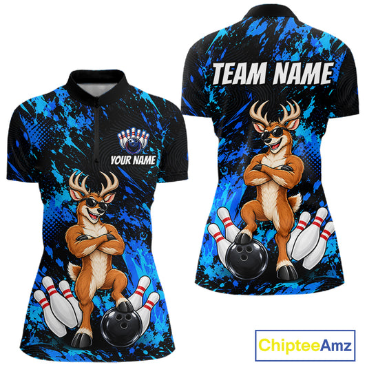 Custom Blue Funny Deer Bowling Jersey for Women Bowling Team Shirts Bowling League Clothes HNT617