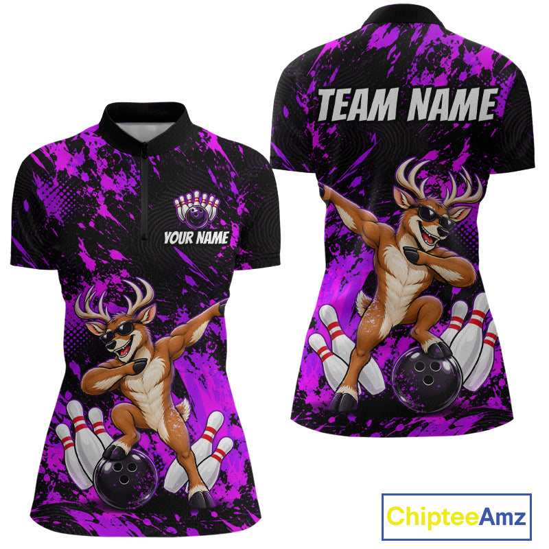 Custom Purple Funny Deer Bowling Team Jerseys Bowling Shirts for Women Polo & 1/4 Zipper HNT573