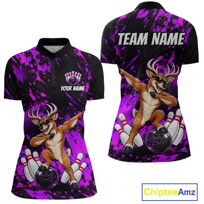 Custom Purple Funny Deer Bowling Team Jerseys Bowling Shirts for Women Polo & 1/4 Zipper HNT573