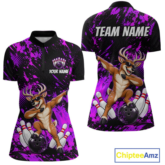 Custom Purple Funny Deer Bowling Team Jerseys Bowling Shirts for Women Polo & 1/4 Zipper HNT573