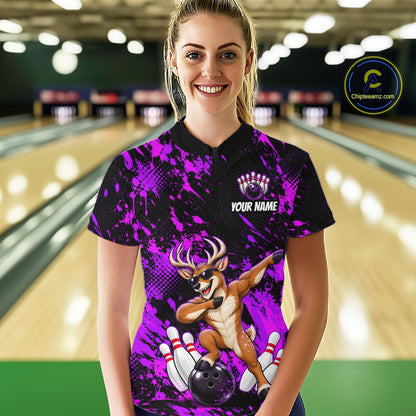 Custom Purple Funny Deer Bowling Team Jerseys Bowling Shirts for Women Polo & 1/4 Zipper HNT573