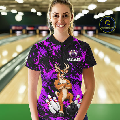 Custom Purple Funny Deer Bowling Jersey for Women Bowling Team Shirts Bowling League Clothes HNT617