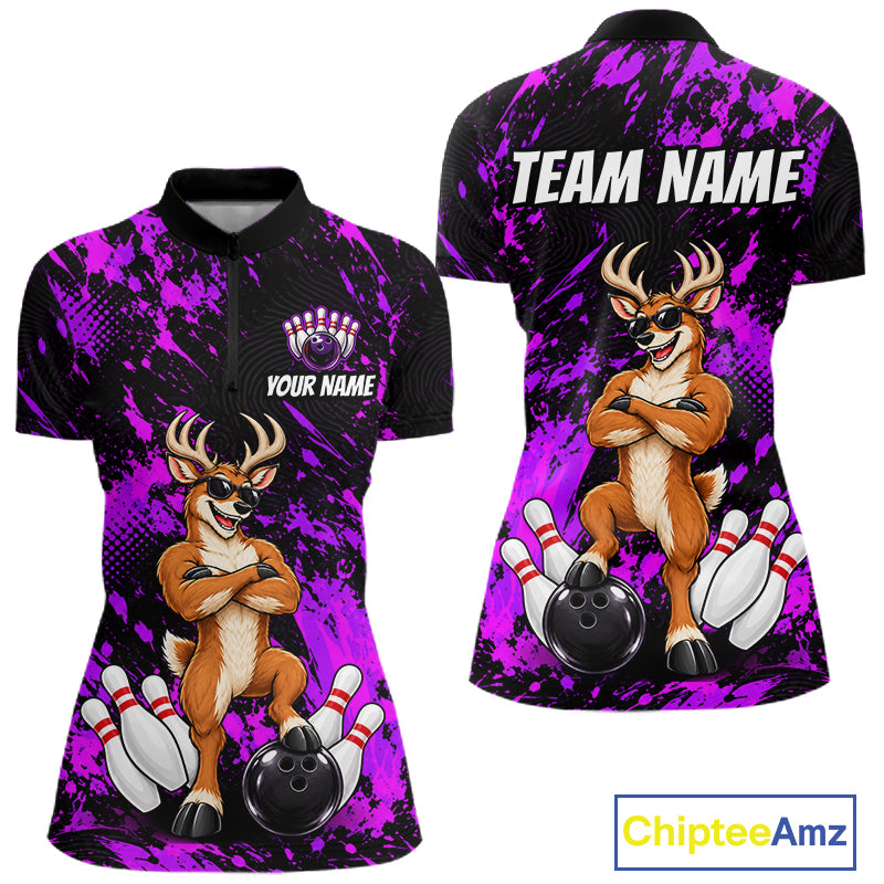 Custom Purple Funny Deer Bowling Jersey for Women Bowling Team Shirts Bowling League Clothes HNT617
