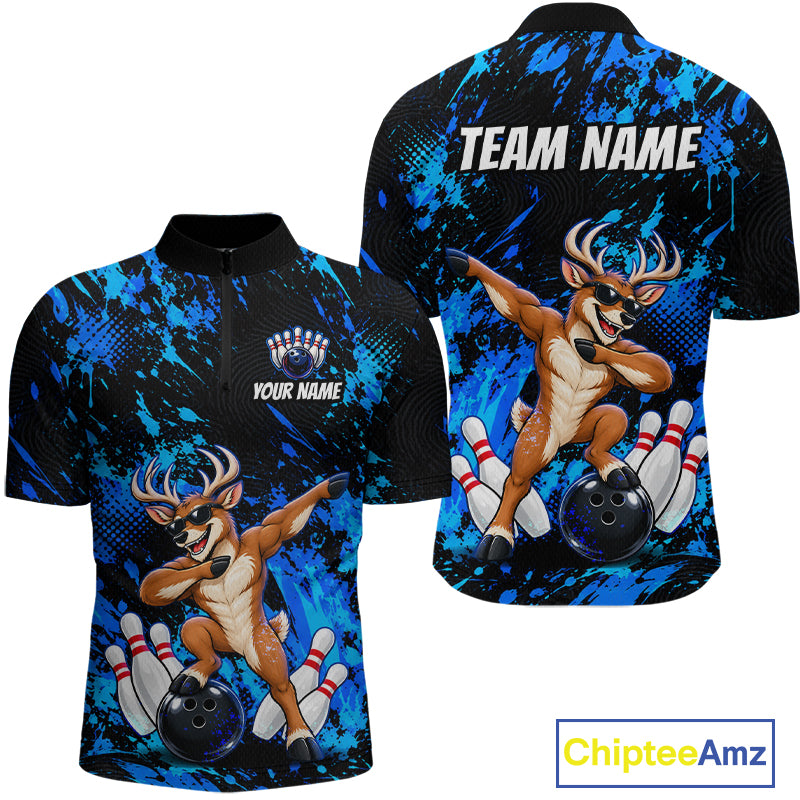 Custom Blue Funny Deer Bowling Team Jerseys Bowling Shirts for Men Polo & 1/4 Zipper HNT573