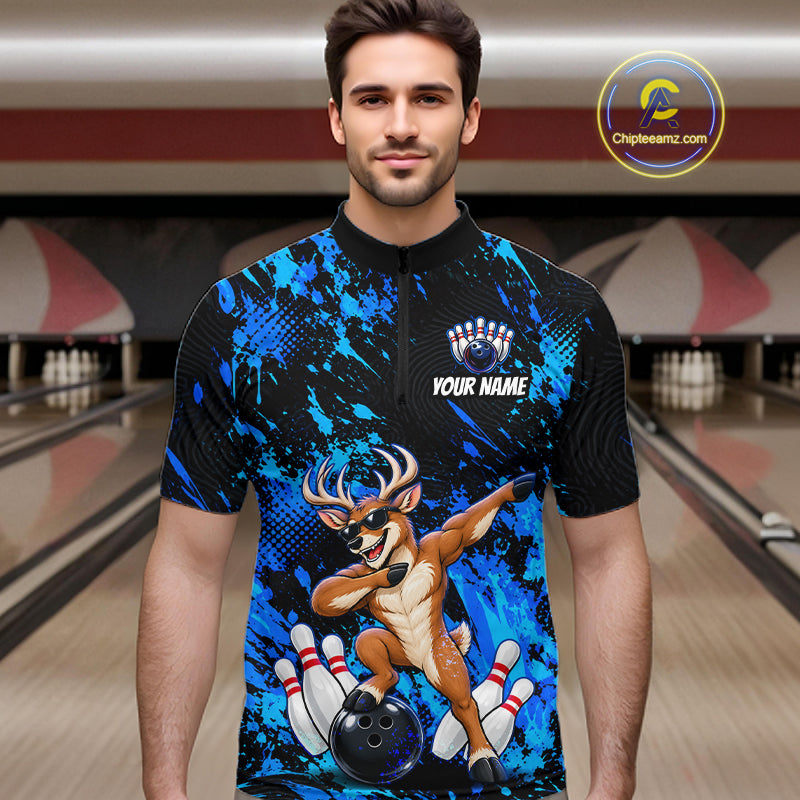 Custom Blue Funny Deer Bowling Team Jerseys Bowling Shirts for Men Polo & 1/4 Zipper HNT573