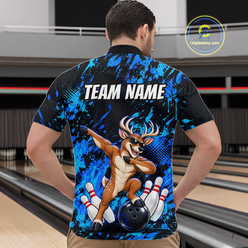 Custom Blue Funny Deer Bowling Team Jerseys Bowling Shirts for Men Polo & 1/4 Zipper HNT573