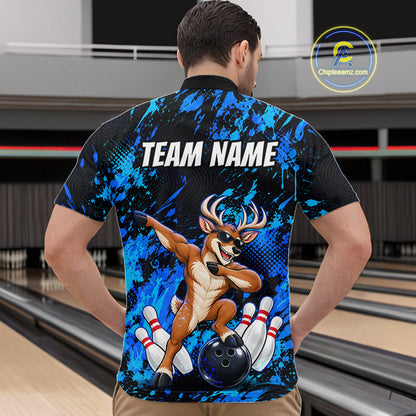 Custom Blue Funny Deer Bowling Team Jerseys Bowling Shirts for Men Polo & 1/4 Zipper HNT573