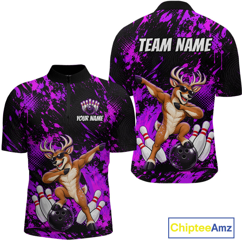 Custom Purple Funny Deer Bowling Team Jerseys Bowling Shirts for Men Polo & 1/4 Zipper HNT573