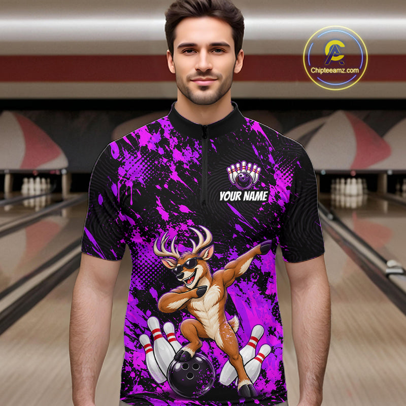 Custom Purple Funny Deer Bowling Team Jerseys Bowling Shirts for Men Polo & 1/4 Zipper HNT573