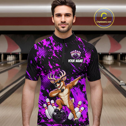 Custom Purple Funny Deer Bowling Team Jerseys Bowling Shirts for Men Polo & 1/4 Zipper HNT573