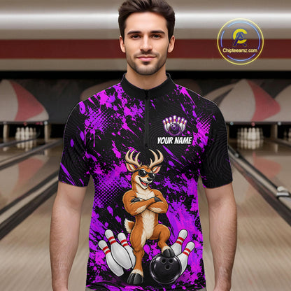 Custom Purple Funny Deer Bowling Jersey for Men Bowling Team Shirts Bowling League Clothes HNT617